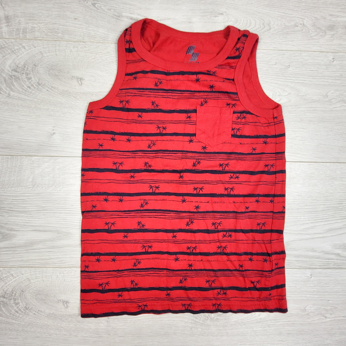 Children's Place red and navy striped tank top with palm trees. Size 5/6