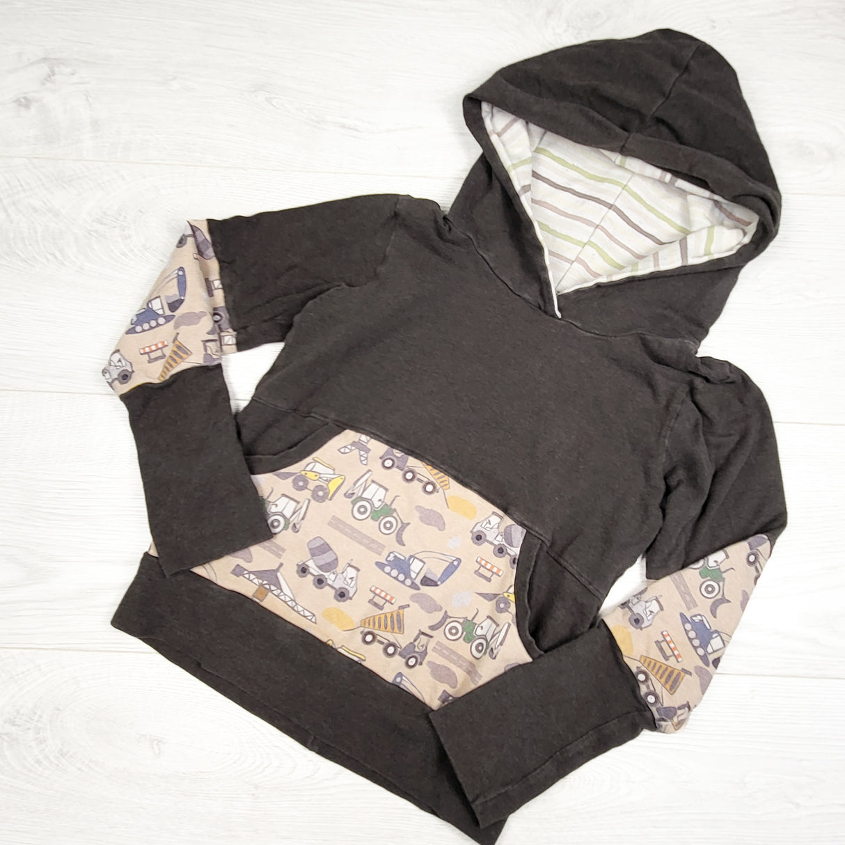 Brown handmade hoodie with construction theme. Approx 4/5T