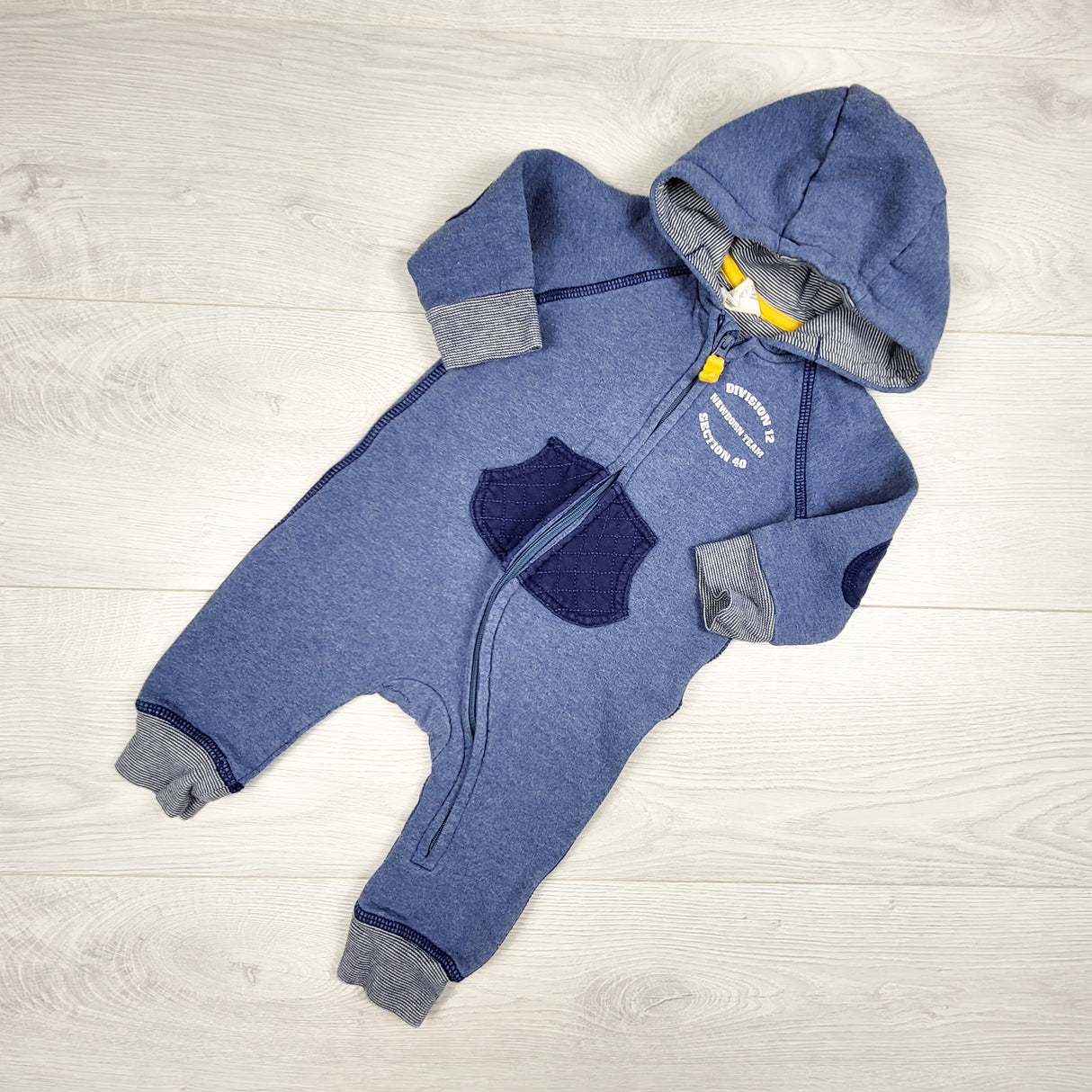 H and M blue hooded sweatshirt romper. Size 4-6 months