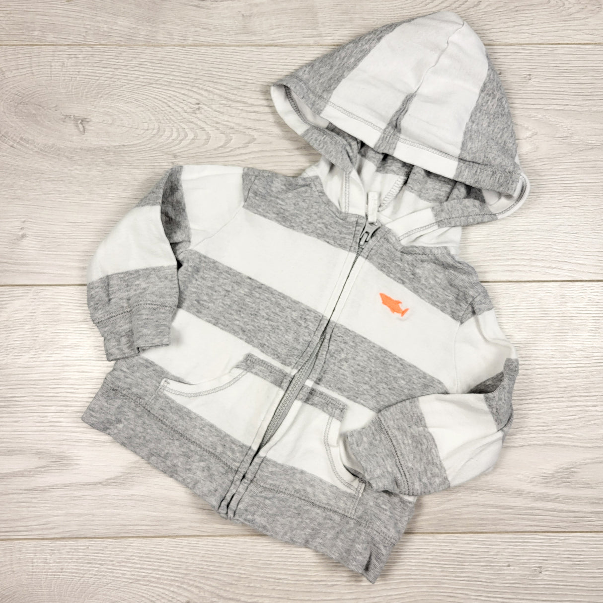 Carters grey and white striped zip up hoodie. Size 9 months