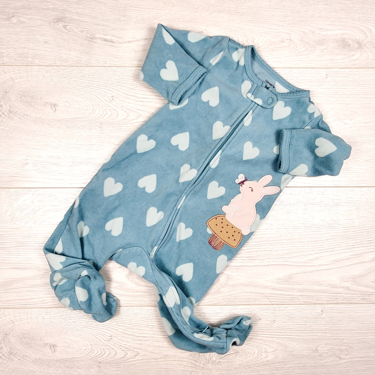 Carters teal zippered fleece sleeper with hearts. Size 6 months