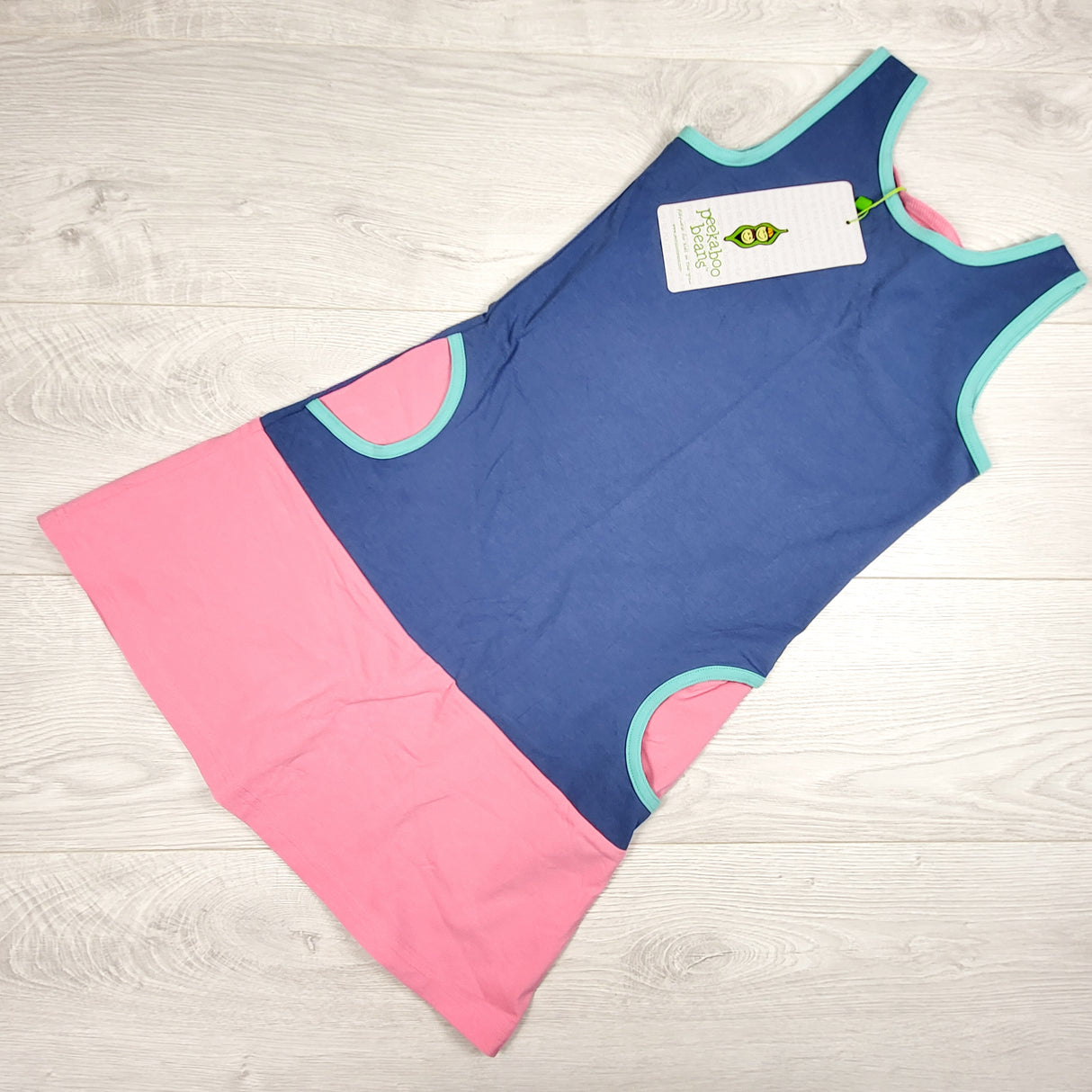 NEW - Peekaboo Beans pink and blue sleeveless "Hello Sunshine" dress. Size 7