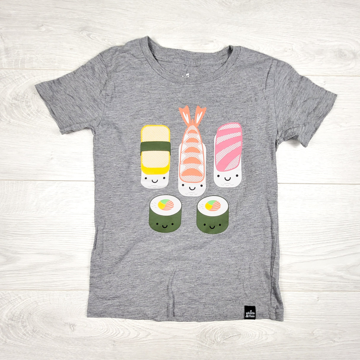 Whistle and Flute grey sushi t-shirt. Size 7/8