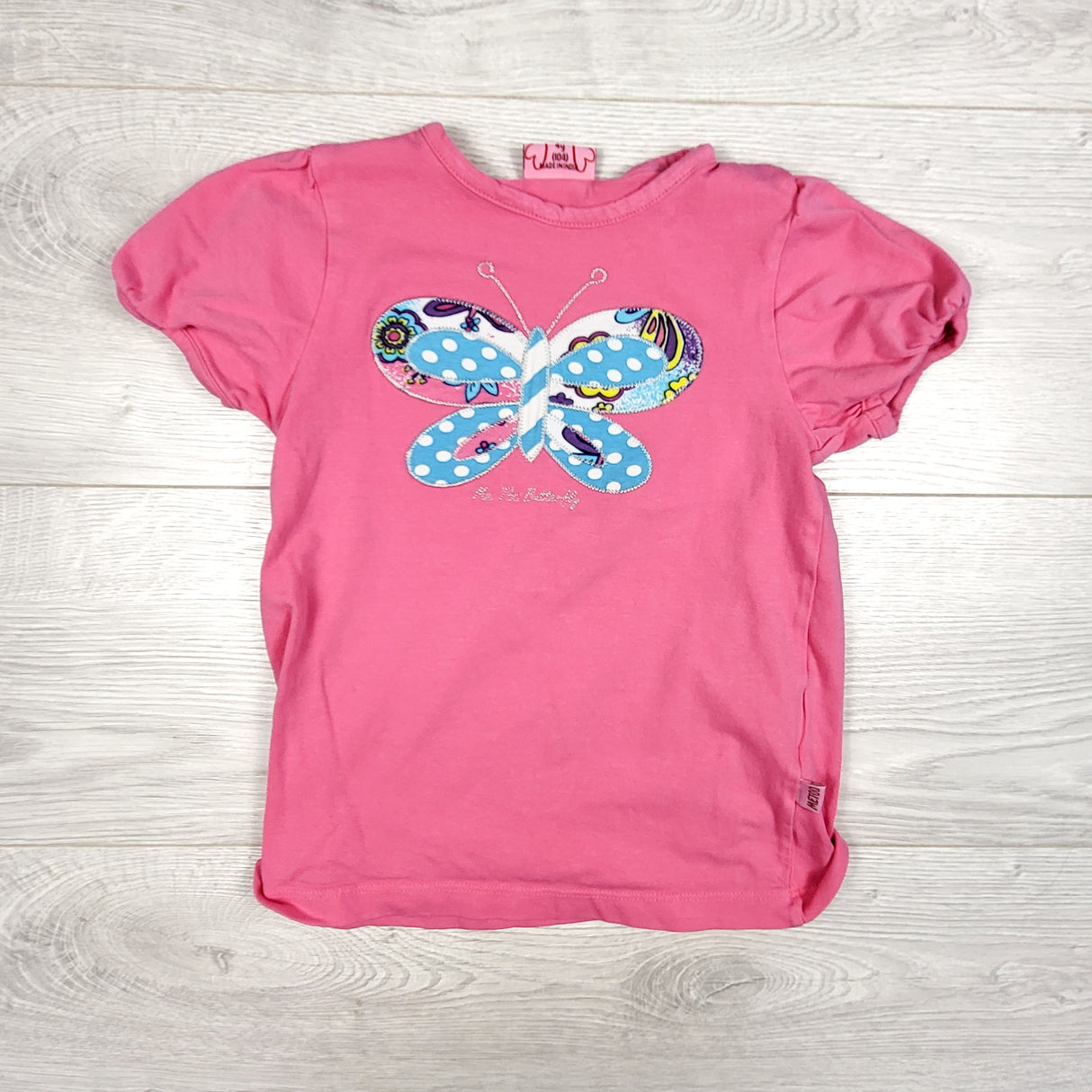 Me Too pink t-shirt with butterfly appliqué. Size 4T