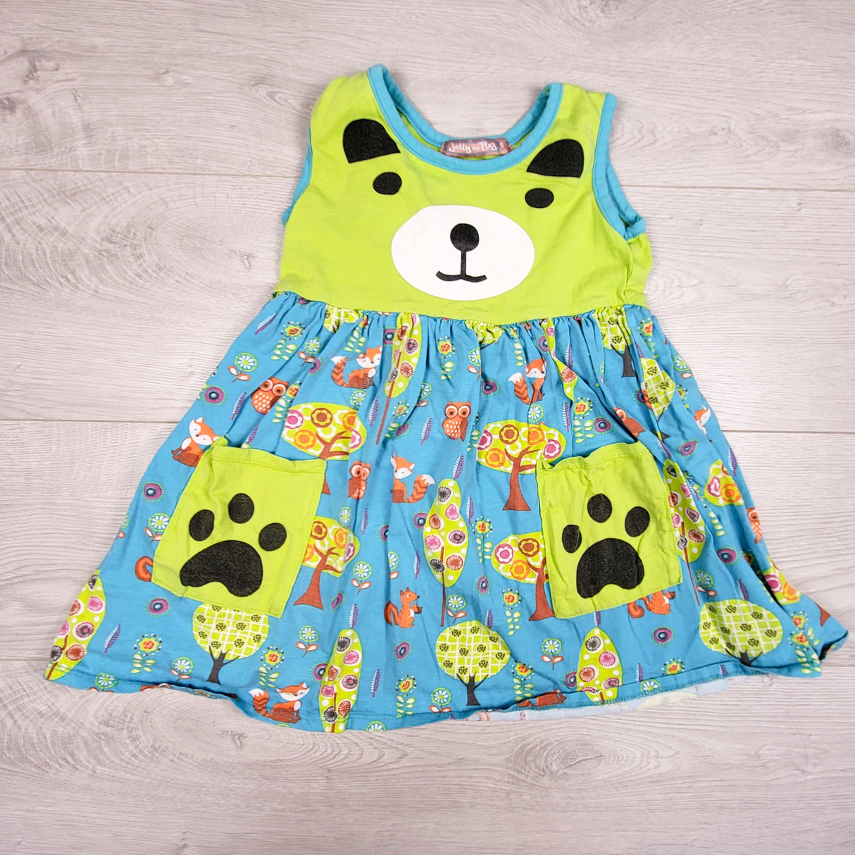 Jelly the Pug green and blue dress with bear. Size 5T