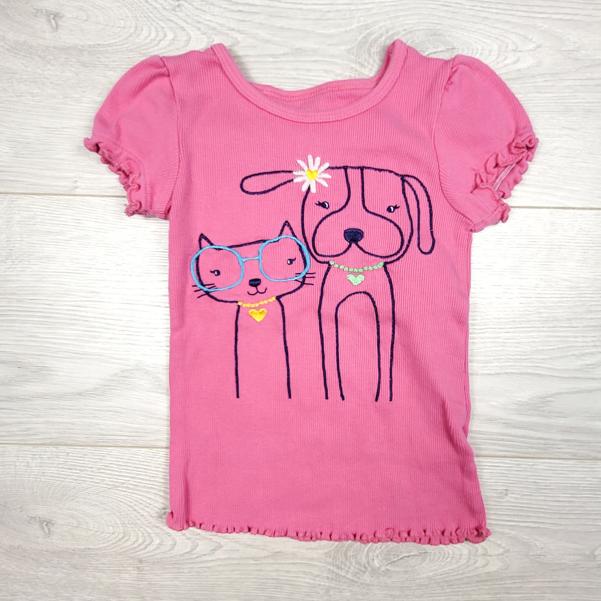 Okie Dokie pink ribbed t-shirt with embroidered cat and dog. Size 3T