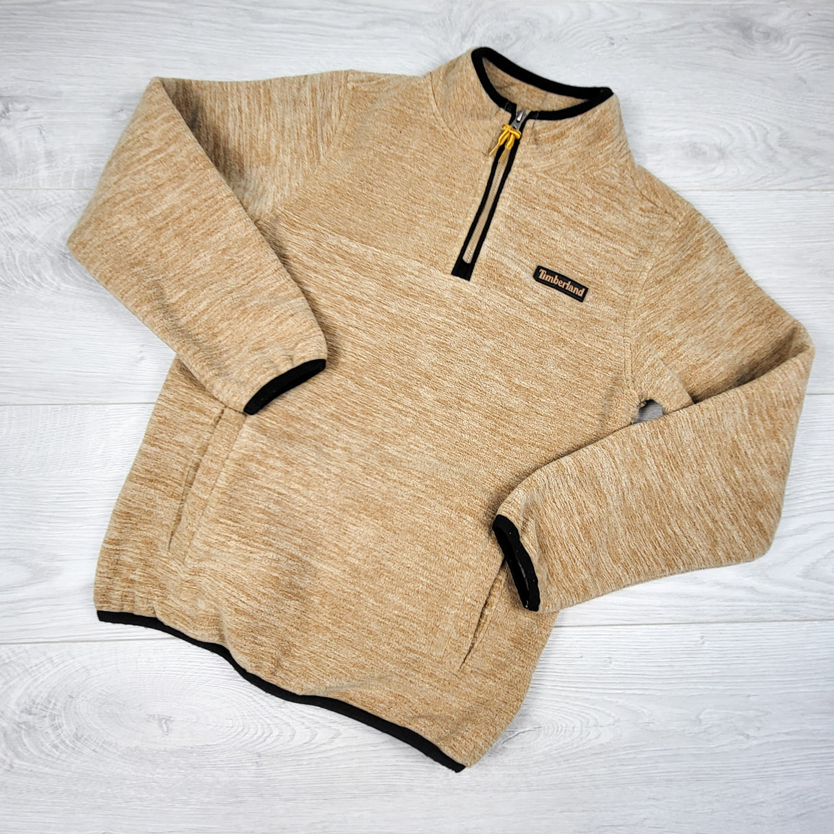 Timberland tan 1/4 zip fleece pullover. Size 7