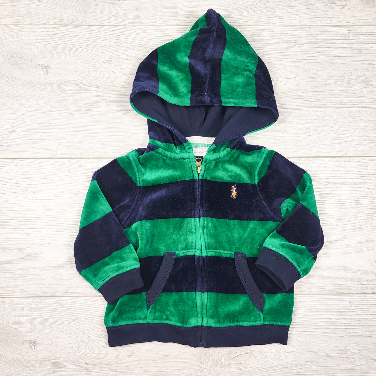 Ralph Lauren green and navy striped velour zip up hoodie. Size 6 months