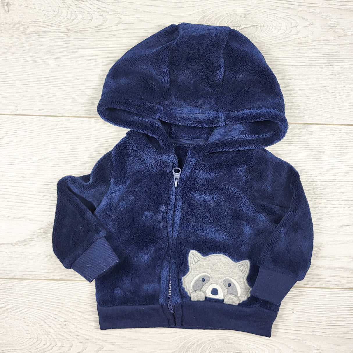 Child of Mine navy faux fur zip up hoodie with raccoon. Newborn size