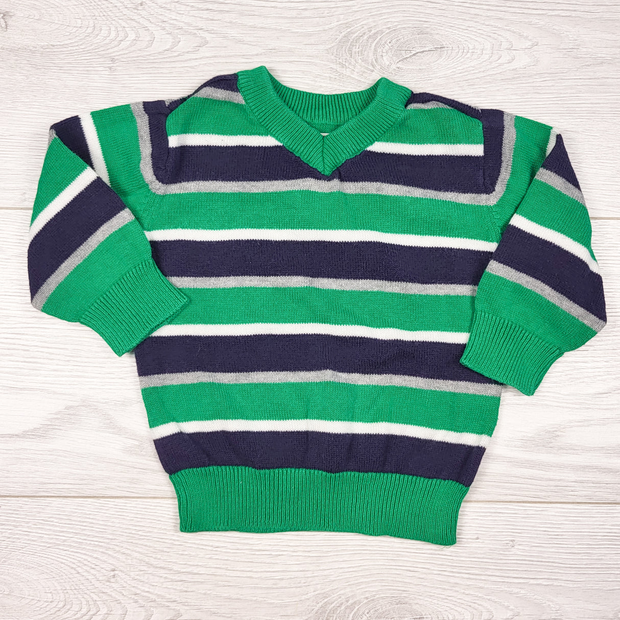 Children's Place green and navy striped sweater. Size 6-9 months