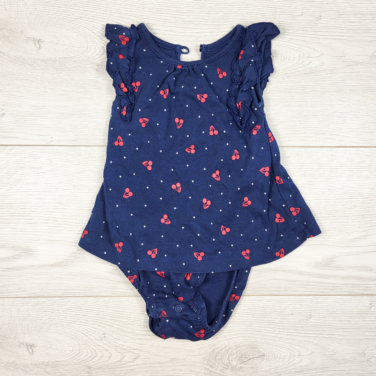 Child of Mine navy bodysuit dress with cherries. Size 3-6 months