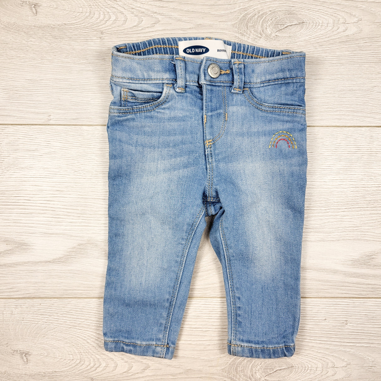 Old Navy boyfriend fit jeans with rainbow. Size 3-6 months