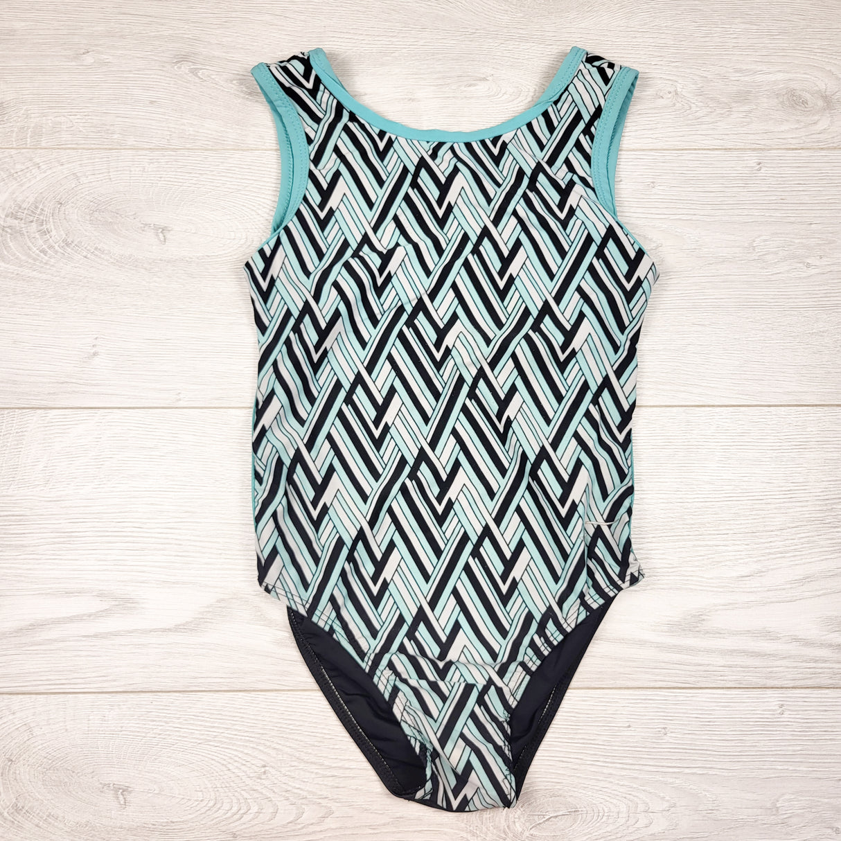 Destira black and blue patterned gymnastics suit. Size large (10/12ish)