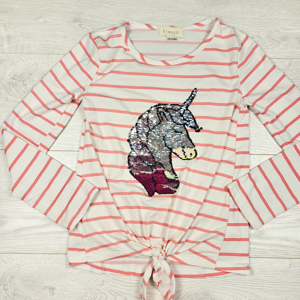 Btween pink striped top with flip sequin unicorn. Size 10