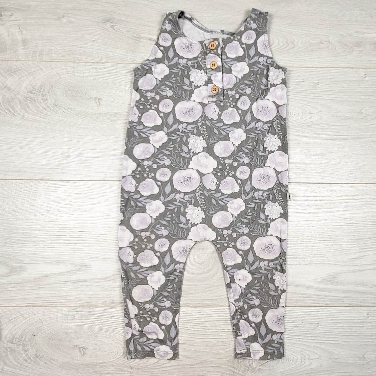Jax and Lennon grey floral print bamboo romper. Size 6-12 months