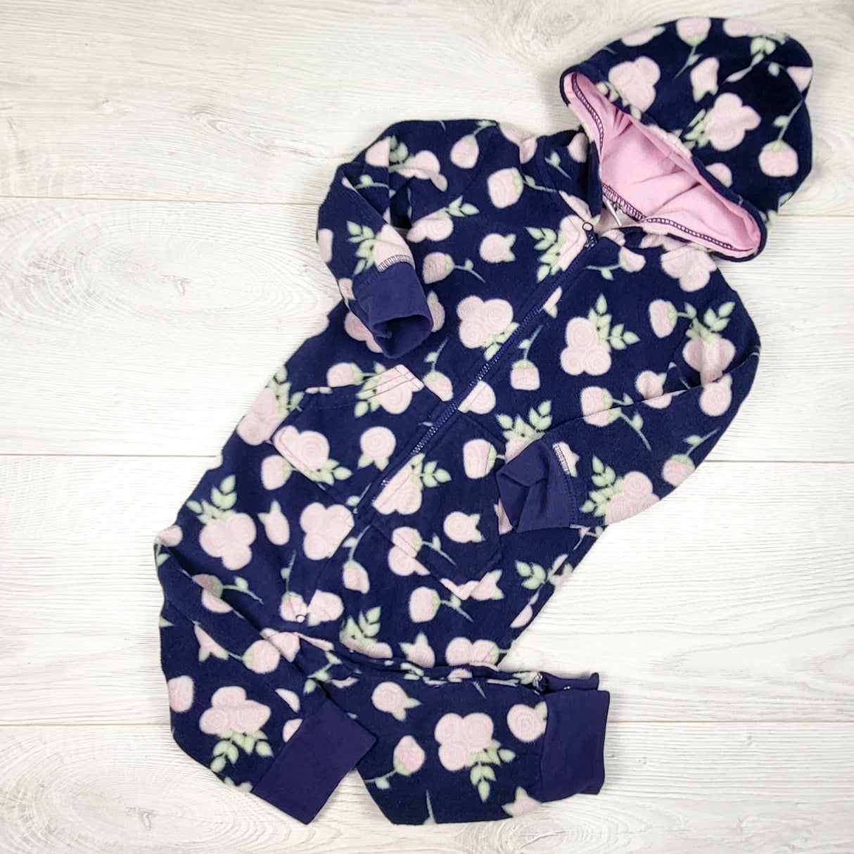 HB navy floral print hooded fleece romper. Size 9-12 months