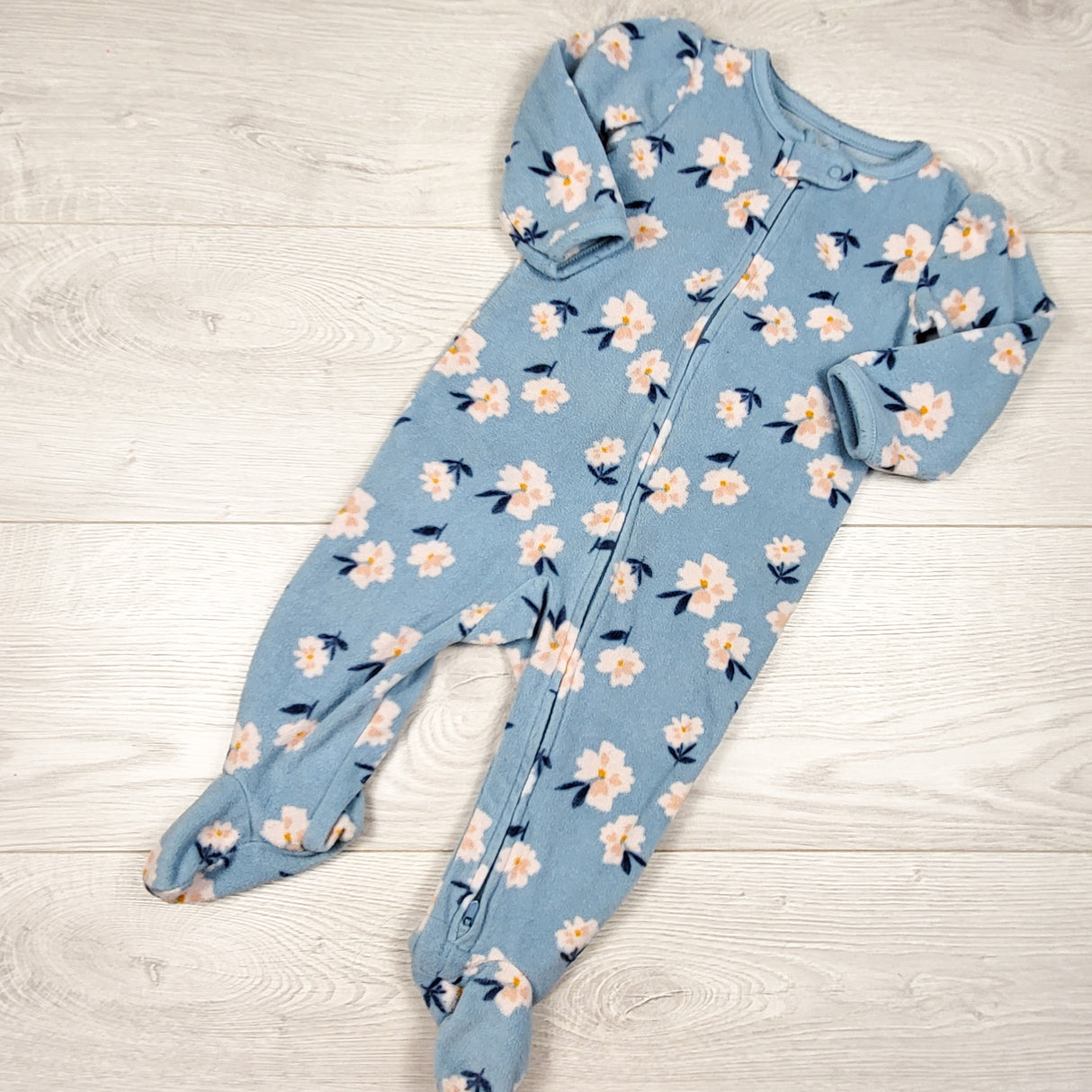 Child of Mine blue floral print zippered fleece sleeper. Size 6-9 months