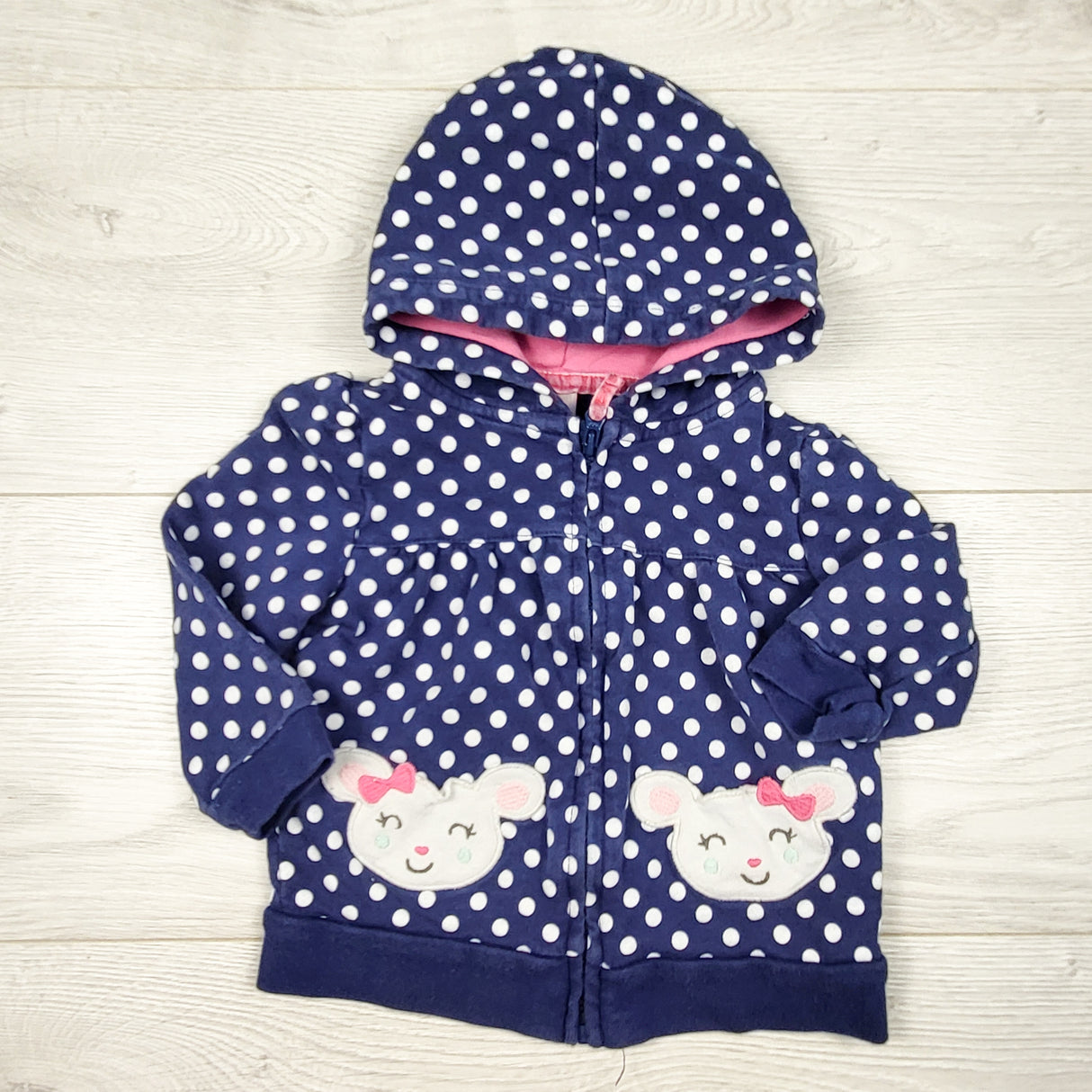 Carters navy polka dot hoodie with mouse. Size 12 months