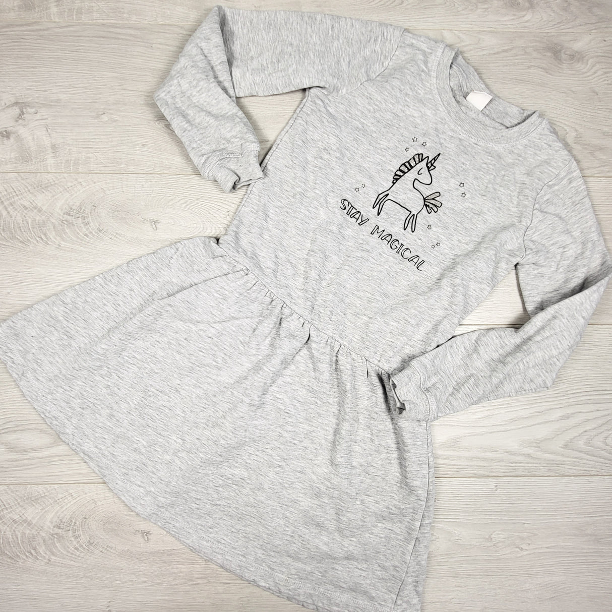 Golf and Kids grey "Stay Magical" sweatshirt dress with unicorn. Size 7/8