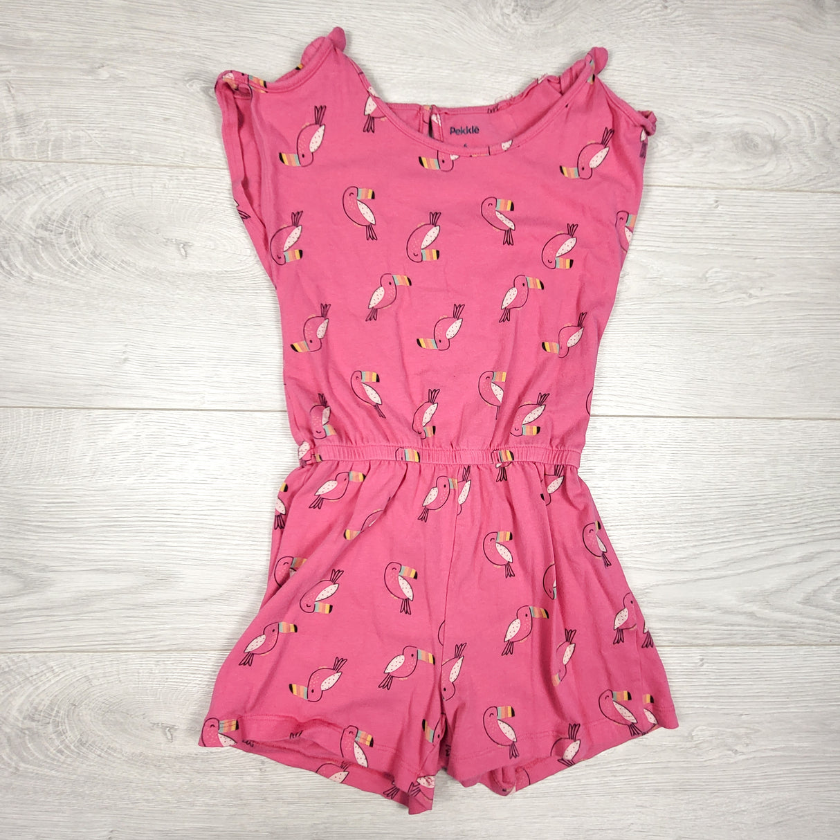 Pekkle pink romper with birds. Size 6