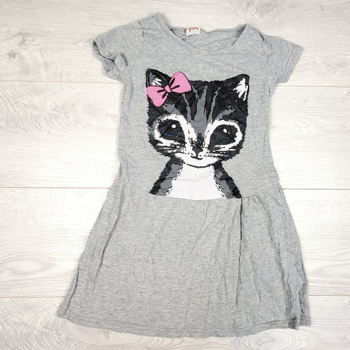 Grey cotton dress with cat. Sizes like 6-8 Years