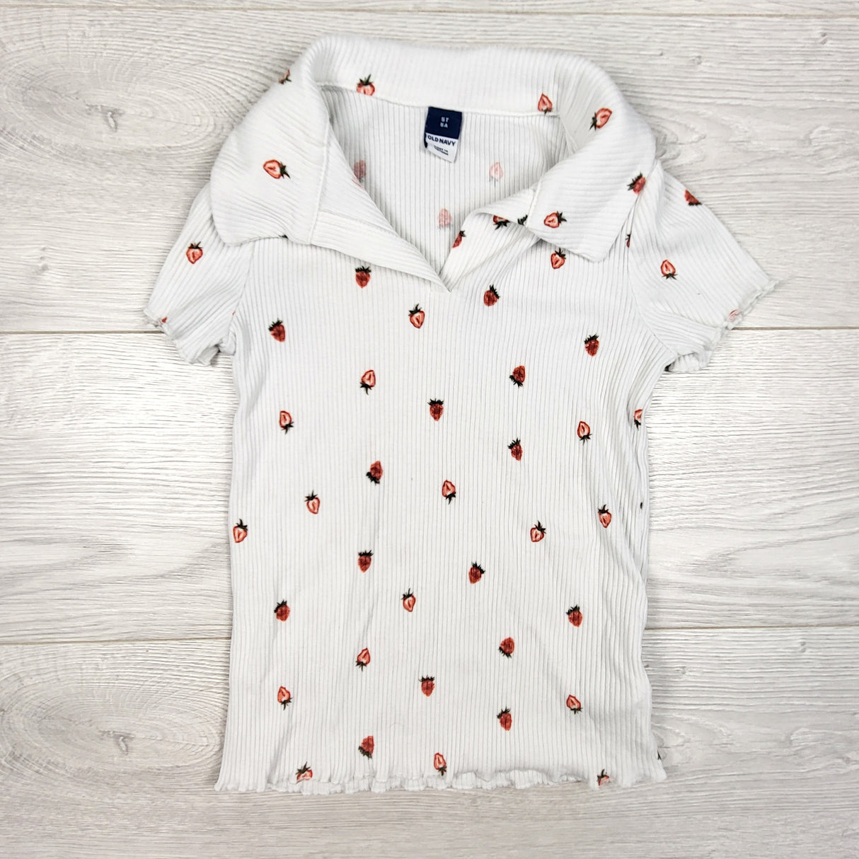 Old Navy white ribbed collared t-shirt with strawberries. Size 5T