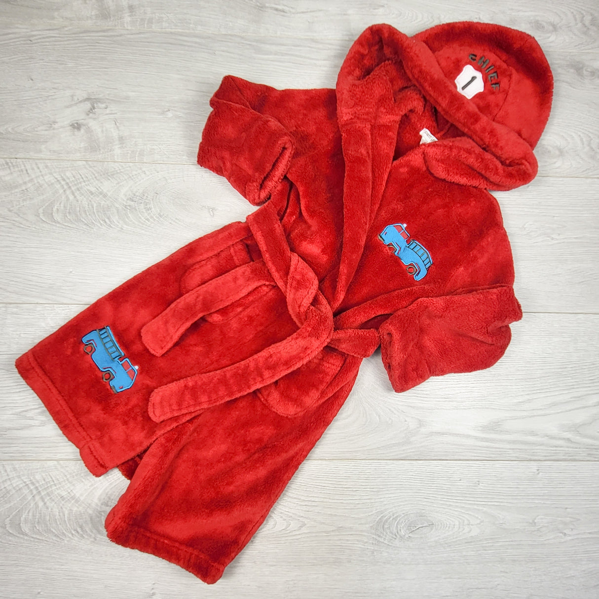 Petit Lem red plush firefighter robe. Size 3T