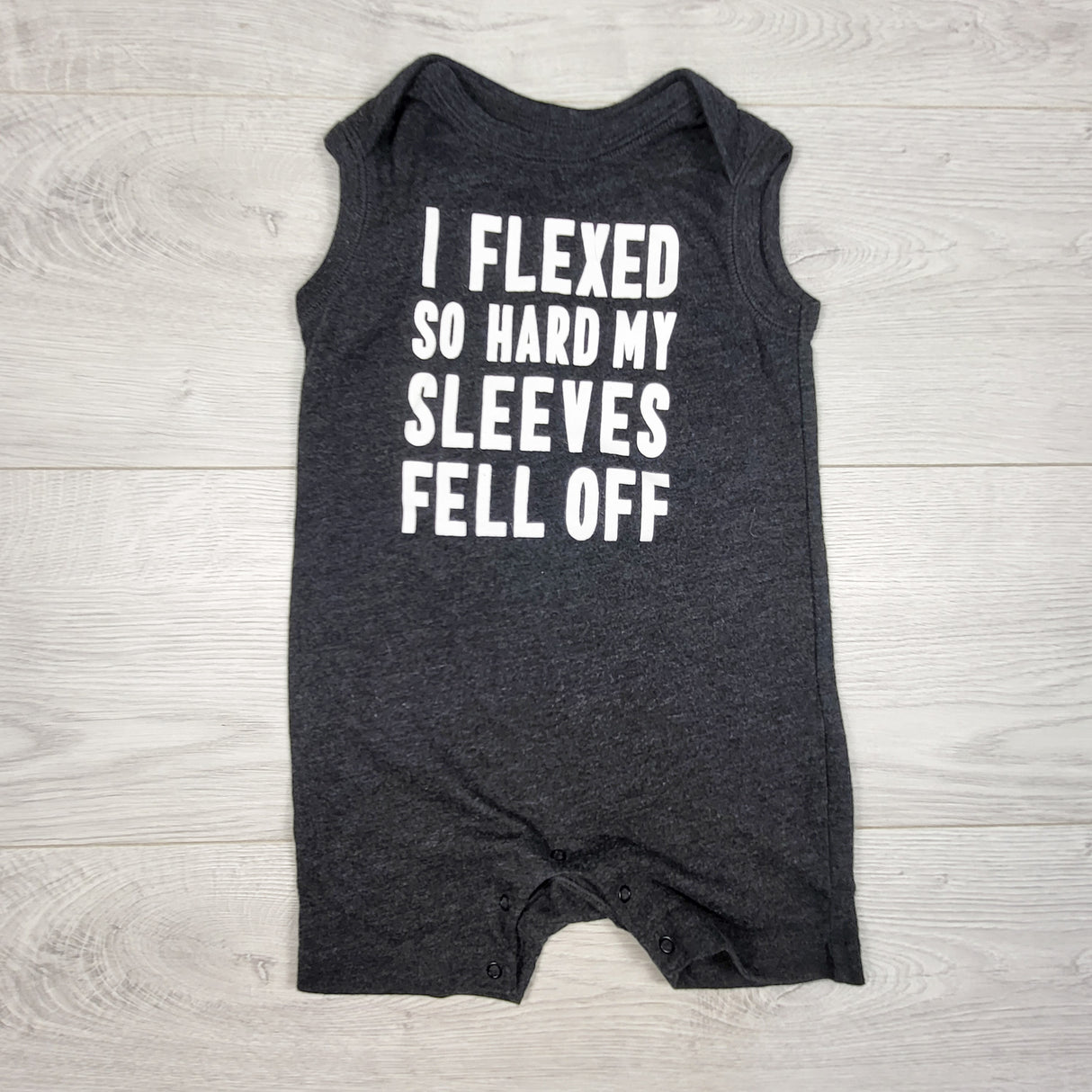 Old Navy grey "I Flexed So Hard My Sleeves Fell Off" romper. Size 12-18 months