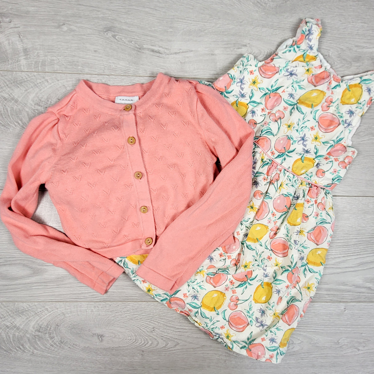 Tahari fruit print dress with matching sweater. Size 5T