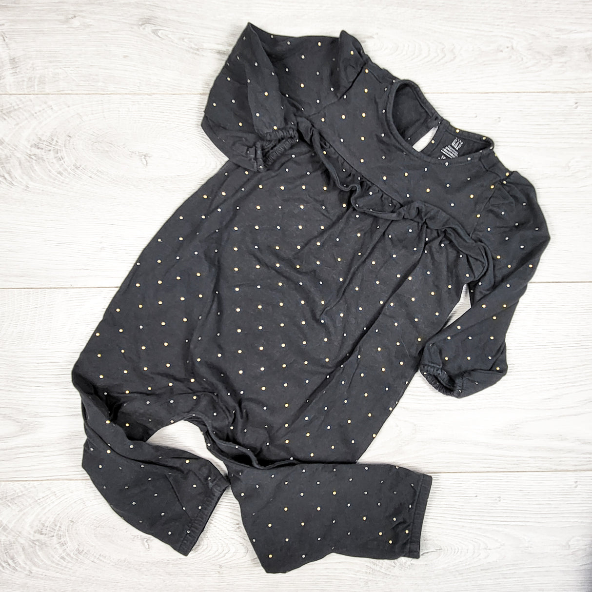Gap charcoal grey and gold polka dot organic cotton romper. Size 18-24 months