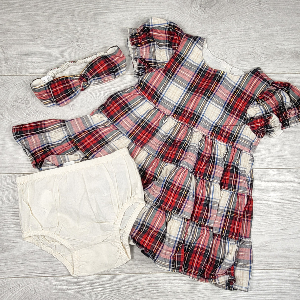 Gap red plaid dress with diaper cover and headband. Size 18-24 months