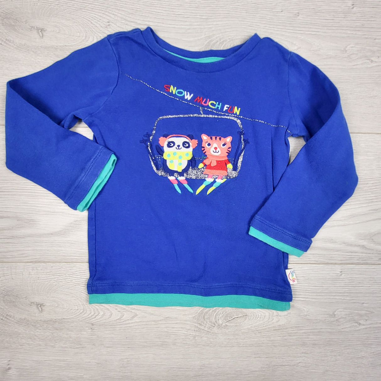 Blue old school (better quality) Gymboree "Snow Much Fun" top. Size 4T