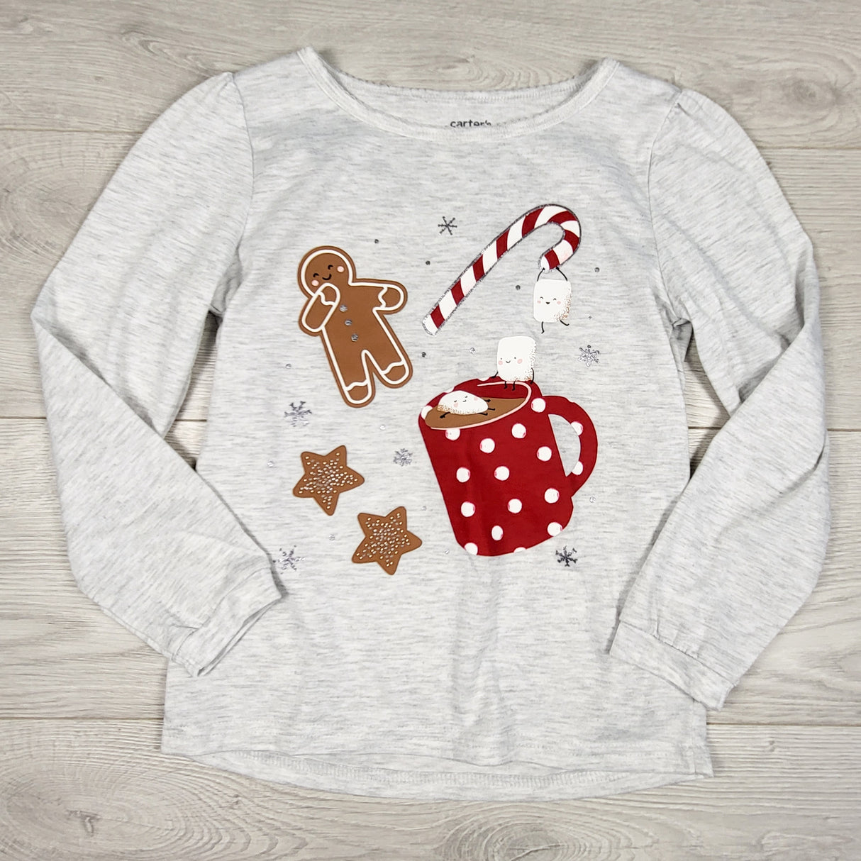Child of Mine grey top with hot chocolate. Size 7