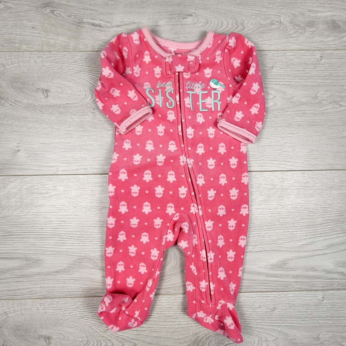 Child of Mine pink patterned fleece "Little Sister" sleeper. Newborn size
