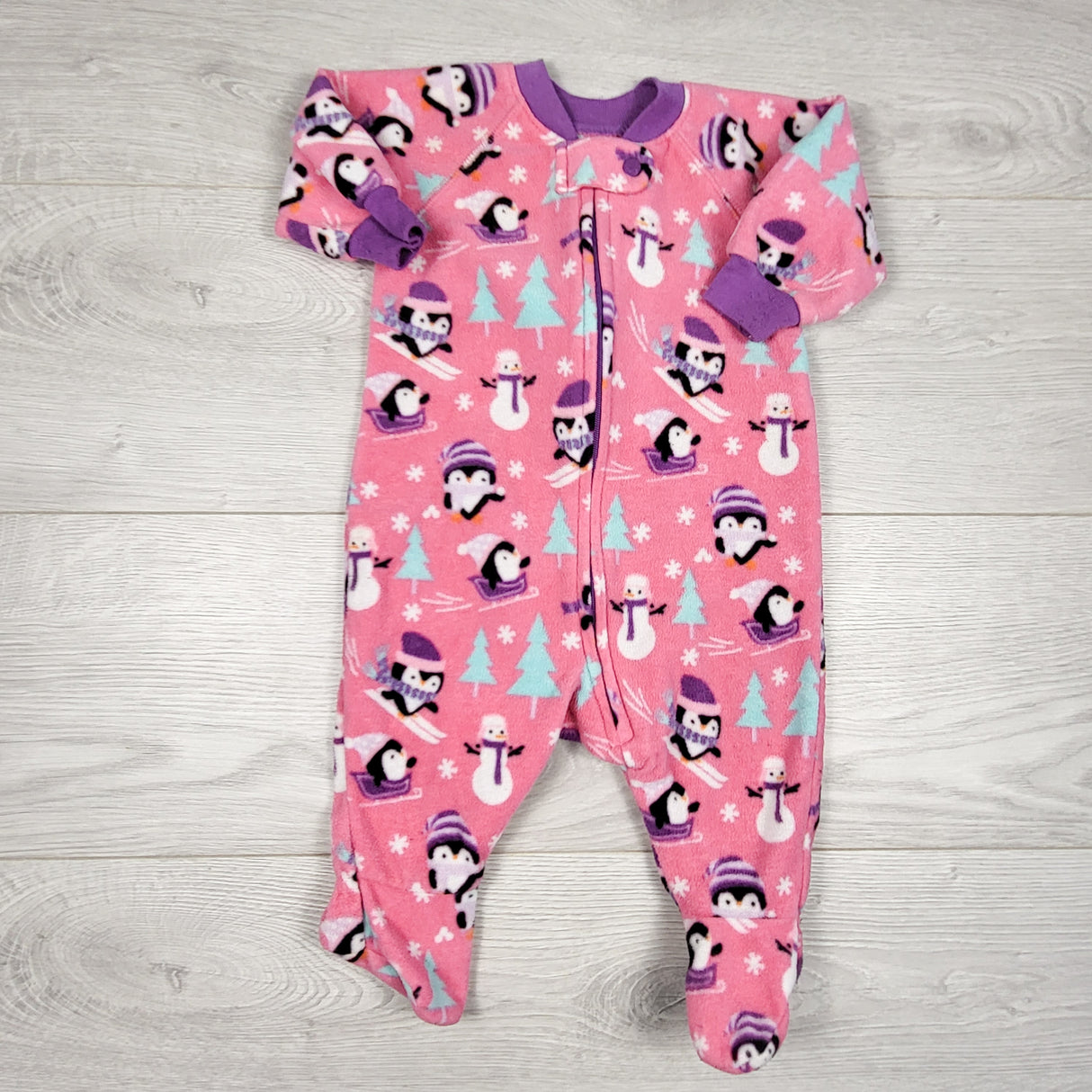 Children's Place pink zippered fleece sleeper with penguins. Size 0-3 months