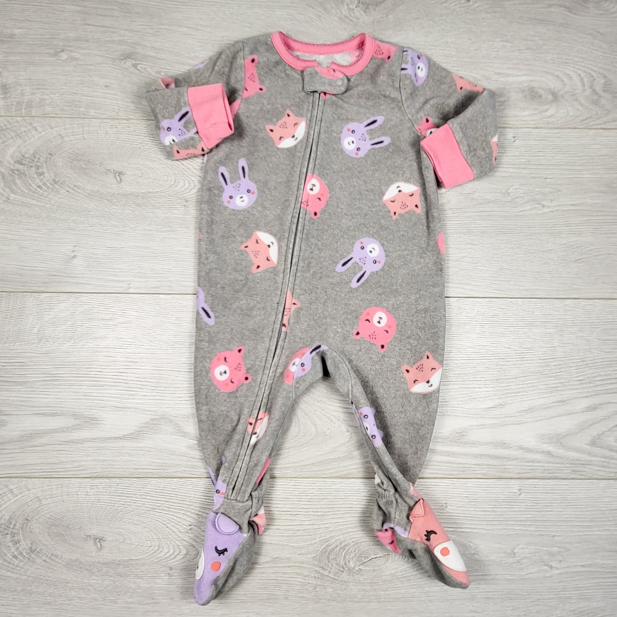 Carters grey zippered fleece sleeper with animals. Size 6 months