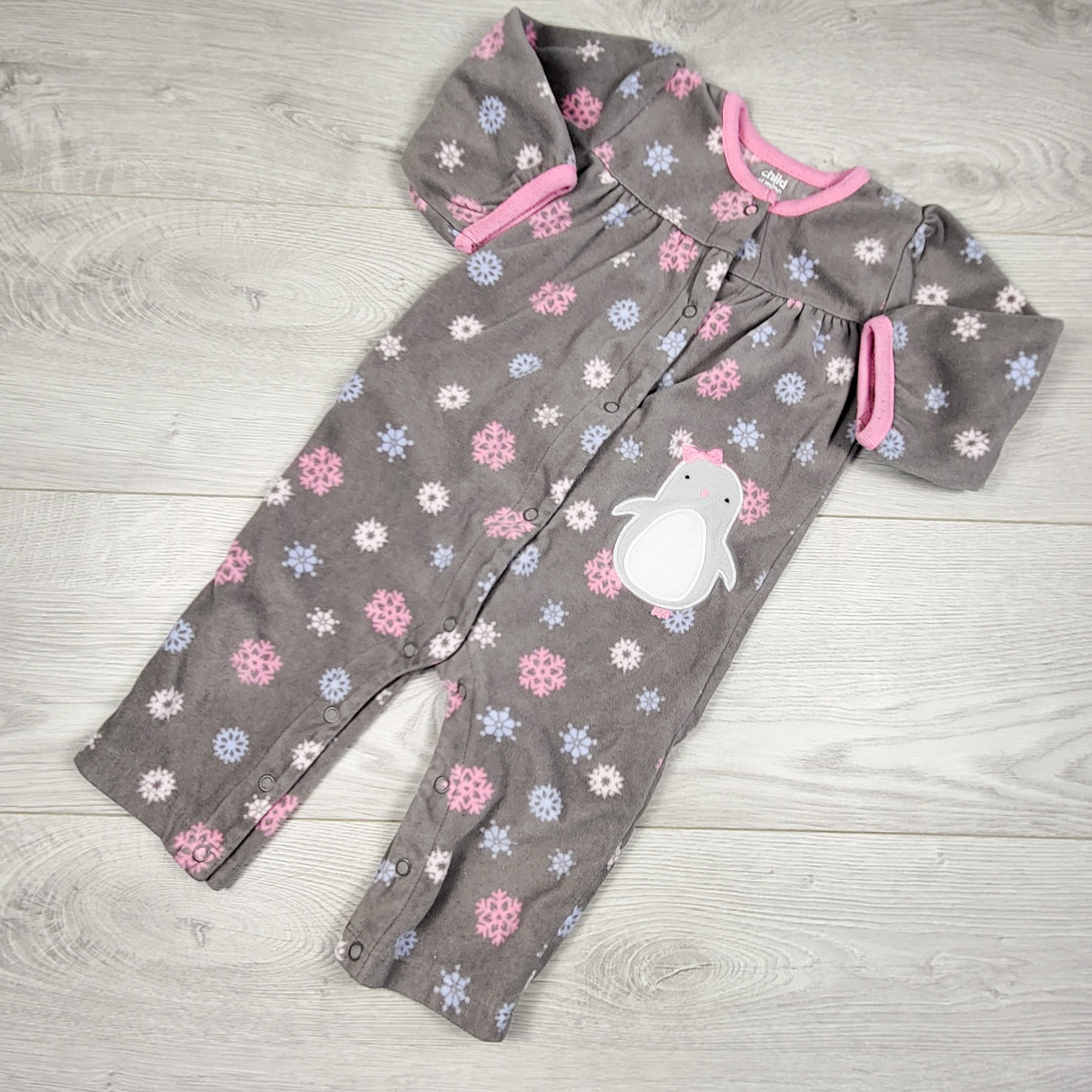 Child of Mine grey fleece romper with snowflakes and penguins. Size 12 months