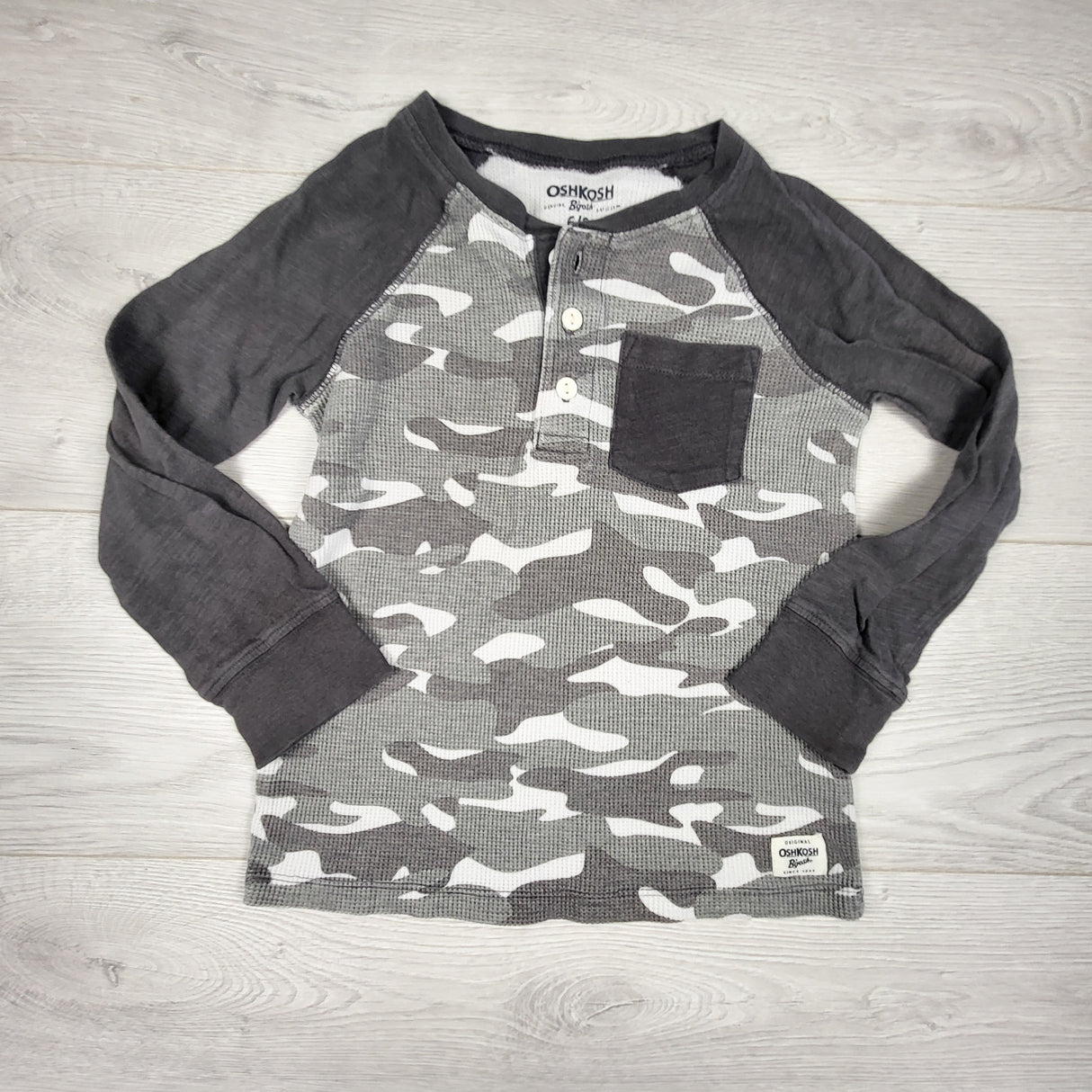 Oshkosh grey camouflage waffle knit shirt. Size 6