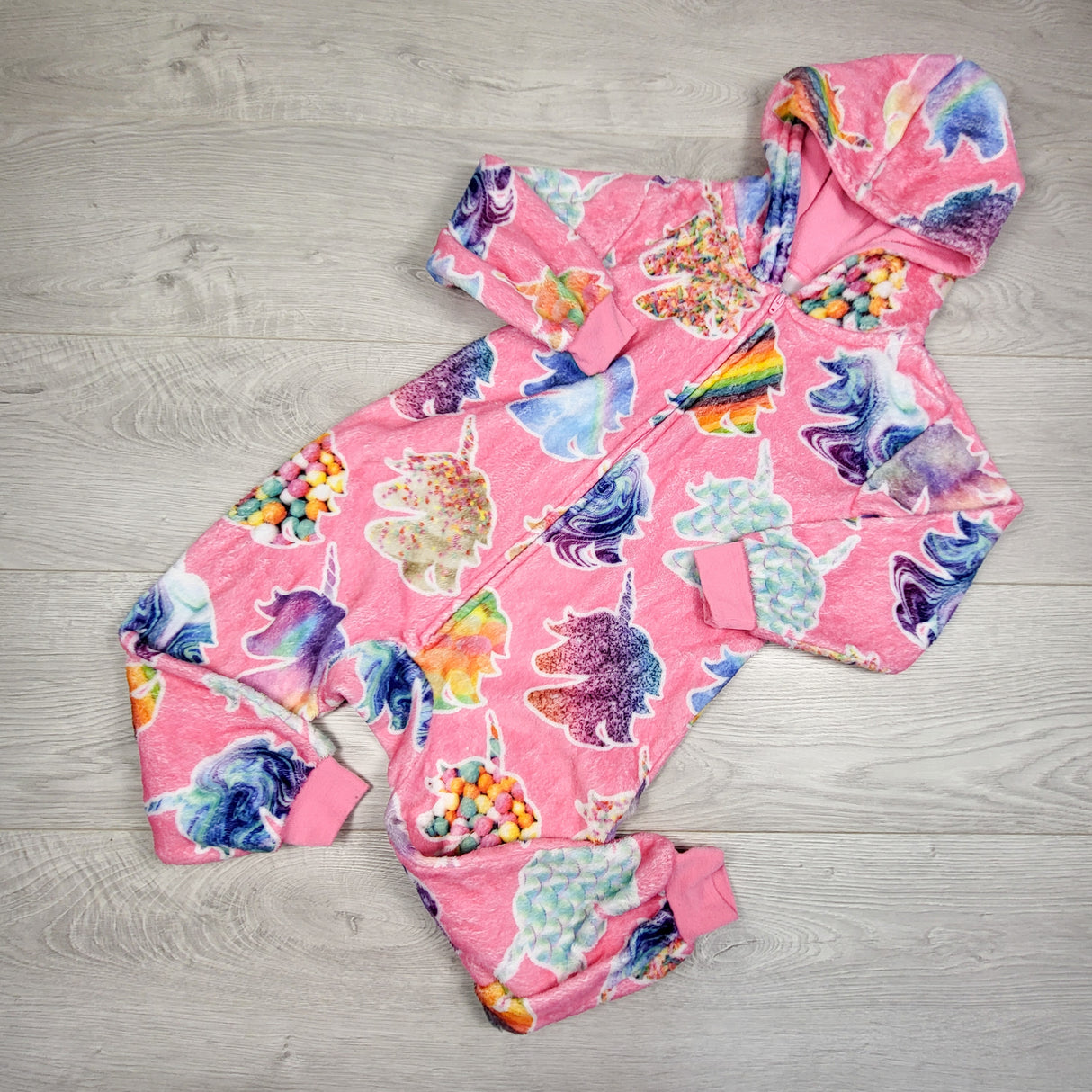 Children's Place pink plush hooded onesie with unicorns. Size 4T