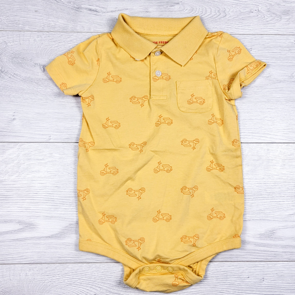 Joe yellow collared bodysuit with scooters. Size 18-24 months