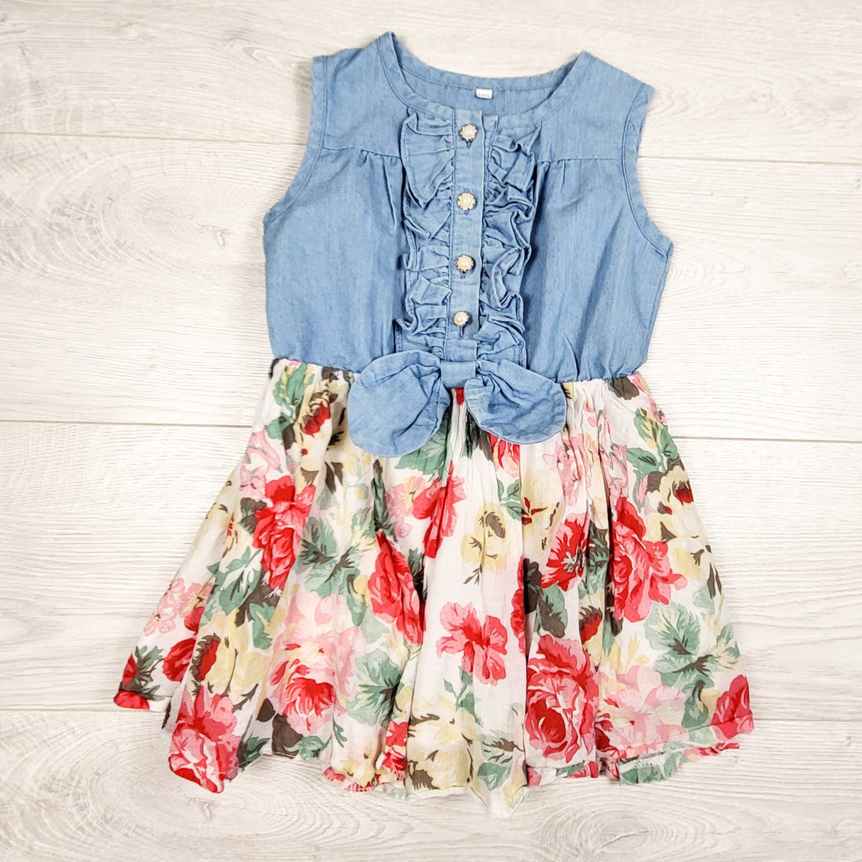 Denim look dress with floral skirting. Size 3T