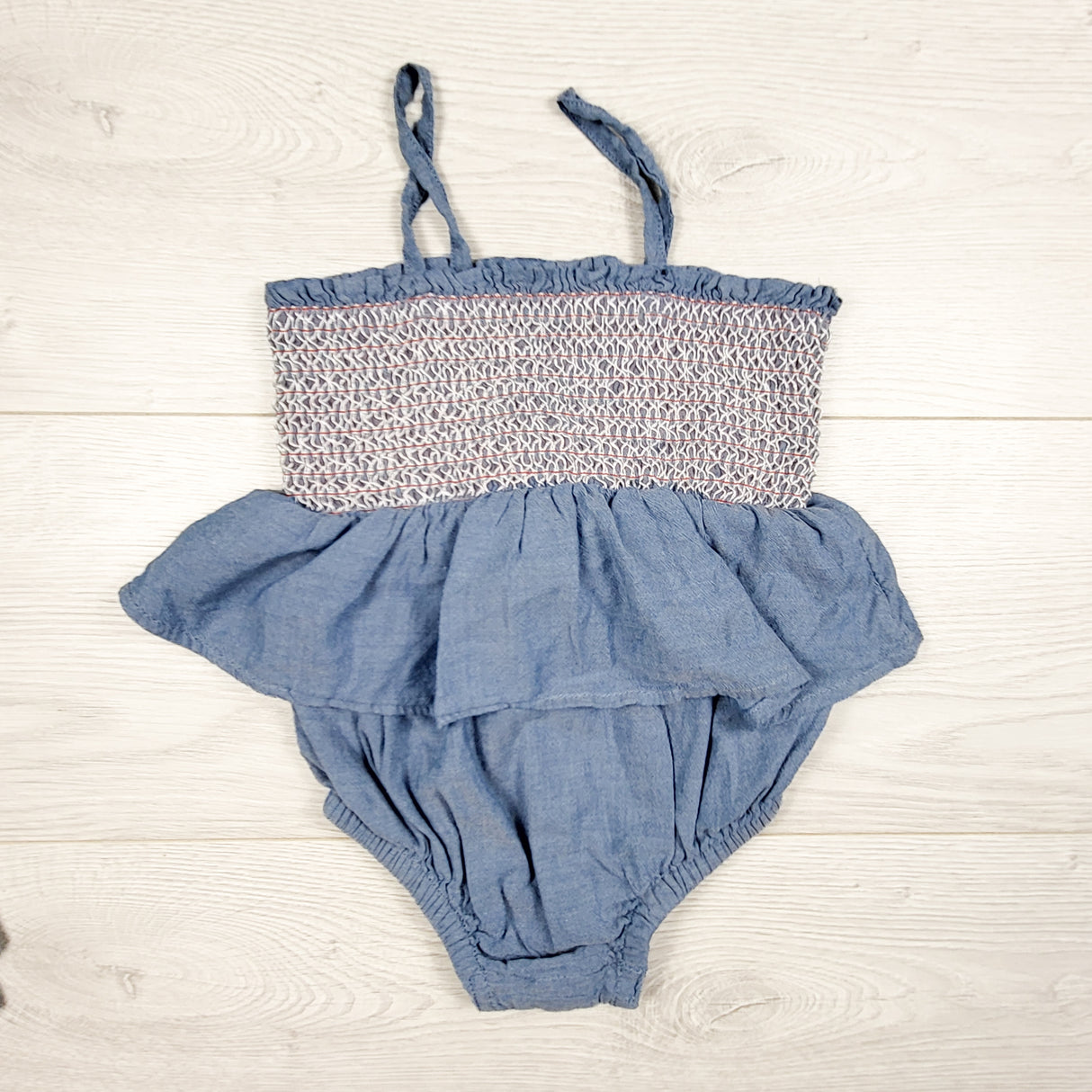 Old Navy chambray smocked tank romper. Size 12-18 months
