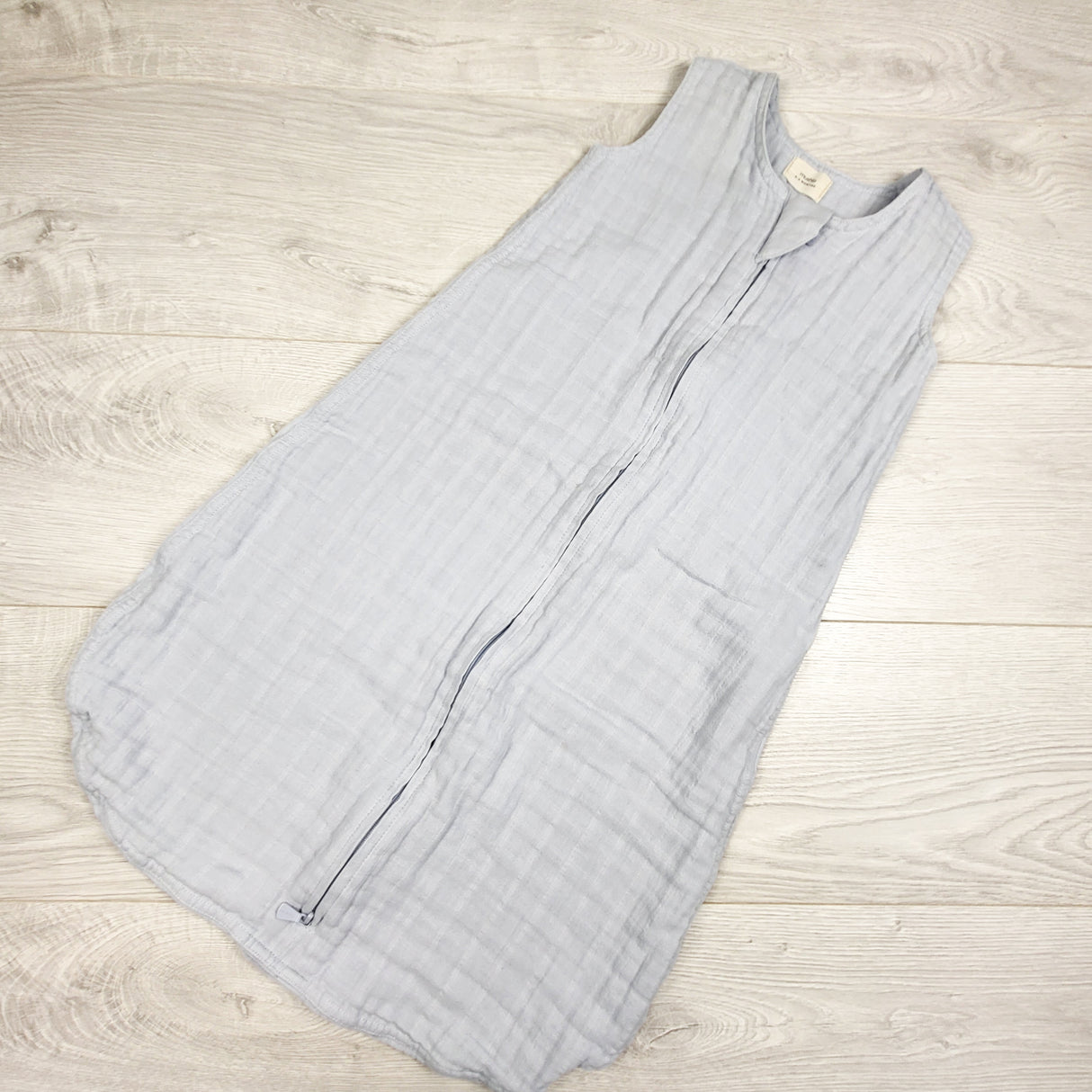 Mushie light blue muslin organic cotton sleep sack. Size 0-6 months