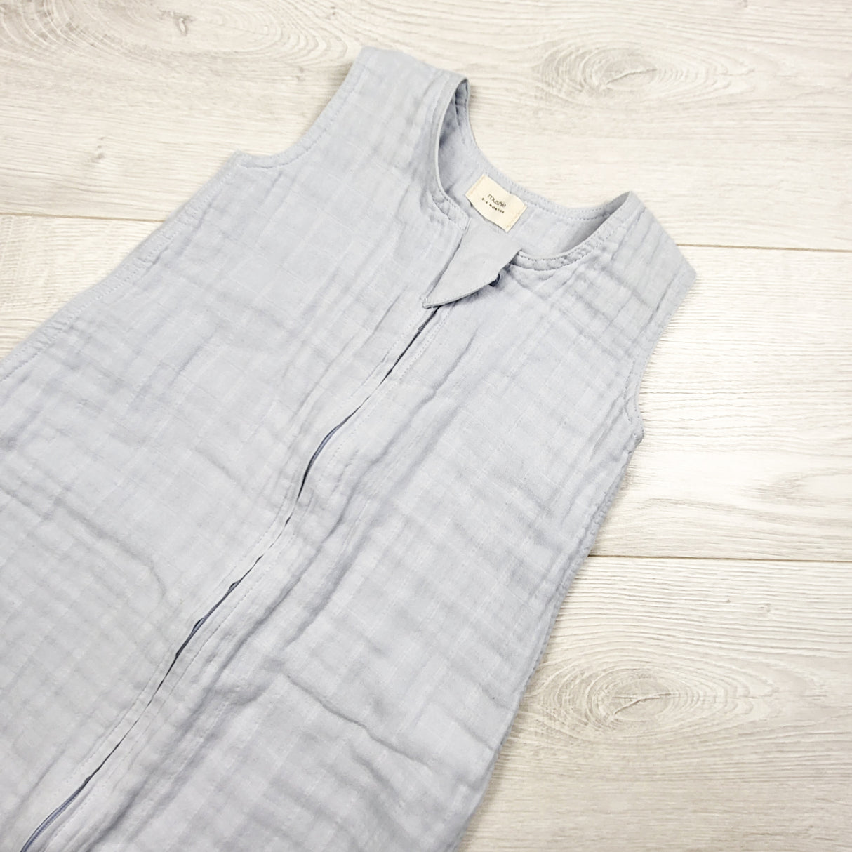 Mushie light blue muslin organic cotton sleep sack. Size 0-6 months