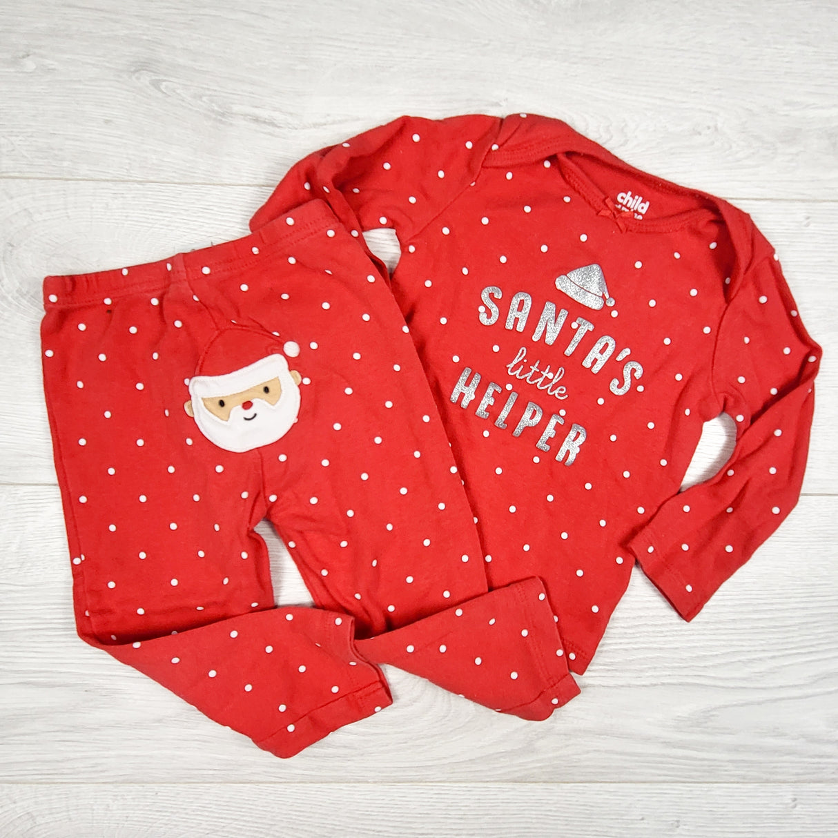Child of Mine red polka dot 2pc "Santa's Little Helper" PJs. Size 18 months