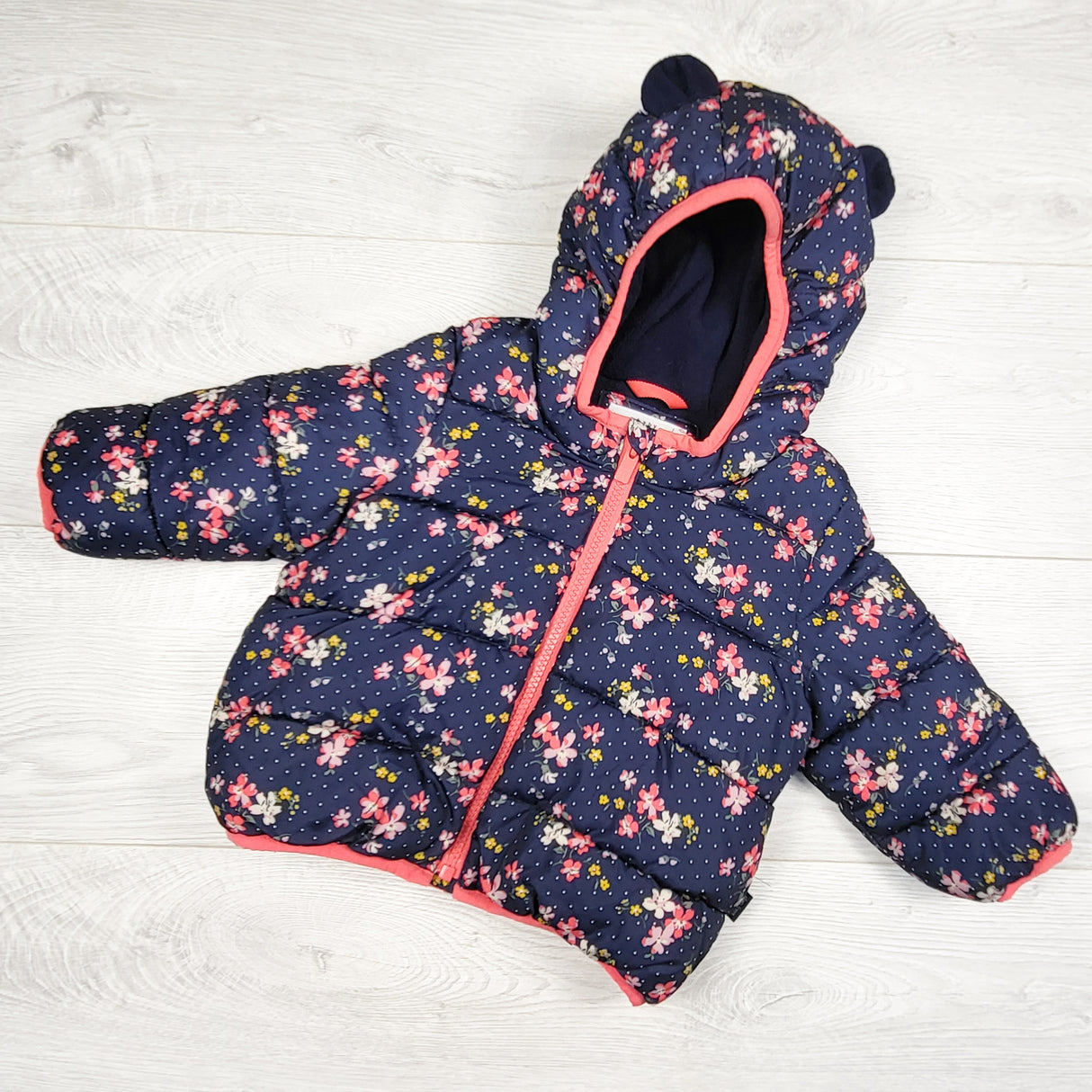 Gap navy floral print fleece lined puffer jacket. Size 12-18 months