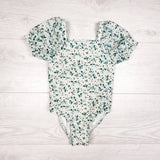 Cat and Jack green floral print puff sleeve one piece swimsuit. Size 2T