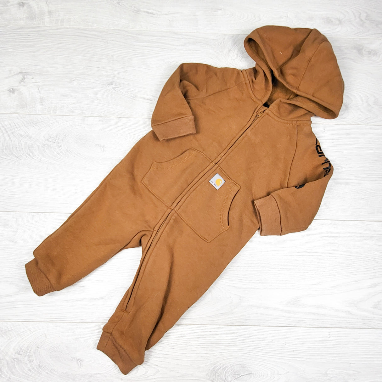 Carhartt tan fleece lined zip up hooded romper. Size 6 months