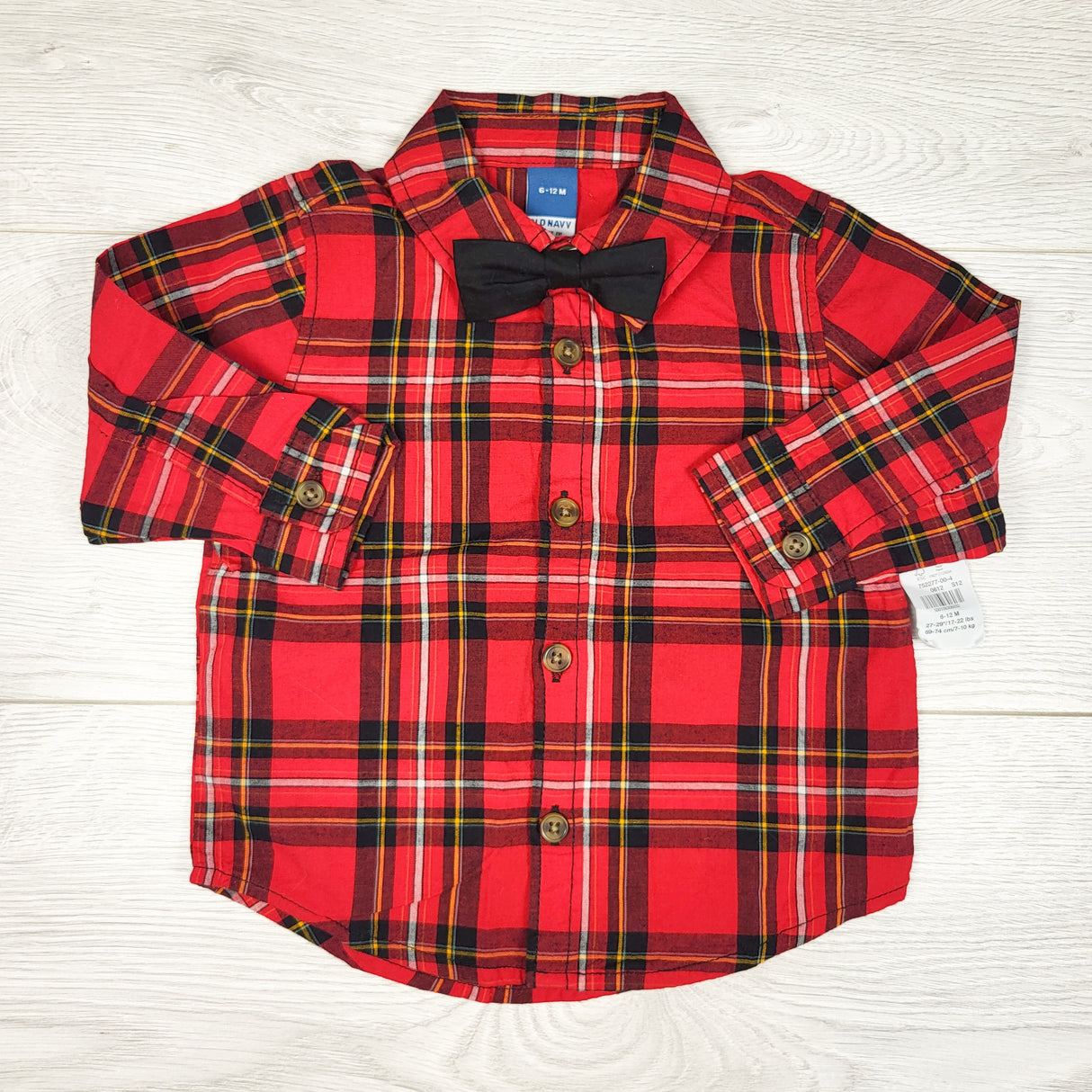 Old Navy red plaid button down shirt with removable bow tie. Size 6-12 months