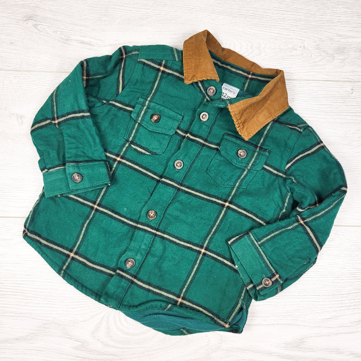 Carters green plaid fleece lined flannel overshirt / shacket. Size 12 months